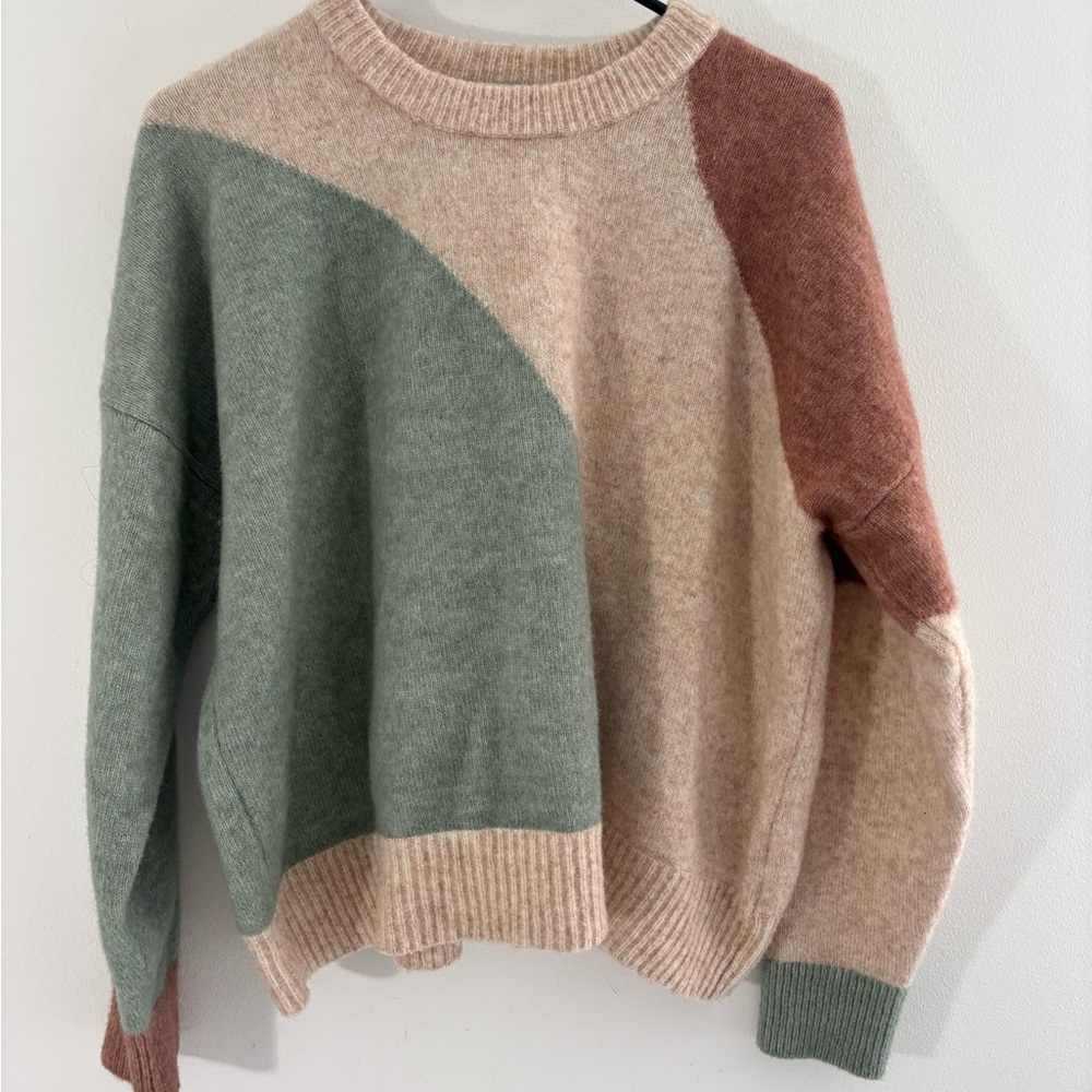 Madewell Colorblock Crewneck Sweater in Sage, Beige & Rust